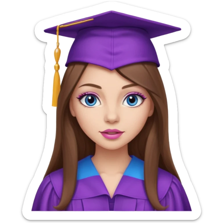 pretty girl with beautiful extremely long brown hair, blue eyes, long lashes makeup, sexy pink lips, wearing a purple and light pink graduation cap and gown sticker