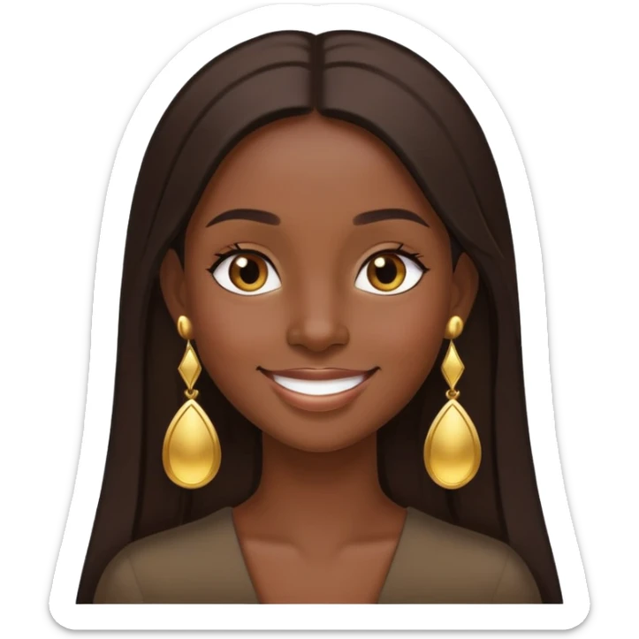 Girl showing happiness, dark skin tone, long straight dark brown hair, gold earrings sticker