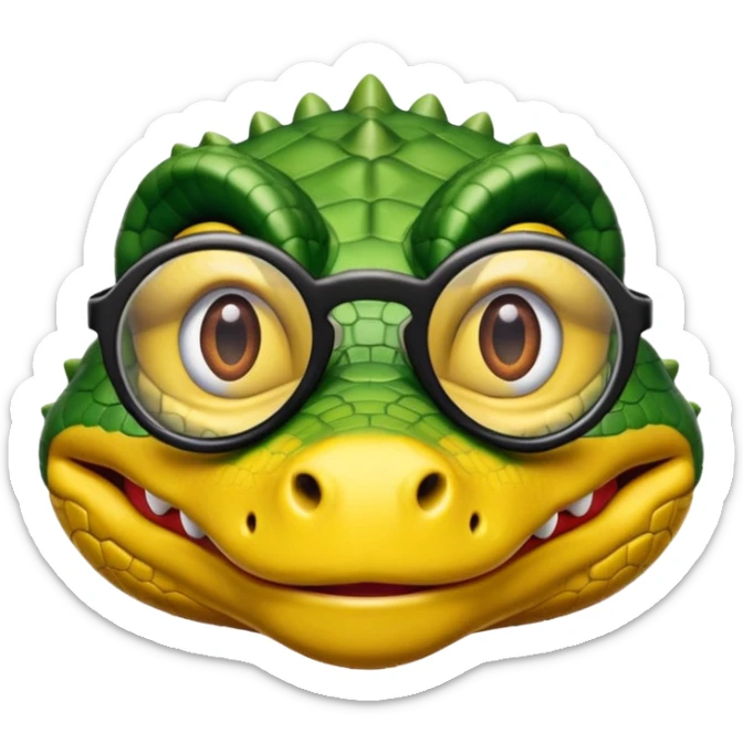 Cocodrilo con boca cerrada mirando de frente que tengan lentes negros y oscuros y sea color amarillo con fondo blanco sticker