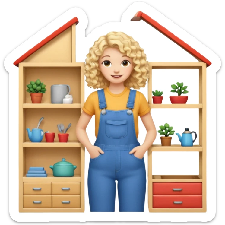 smiling blonde curly woman arranging furniture in doll house with overalls sticker