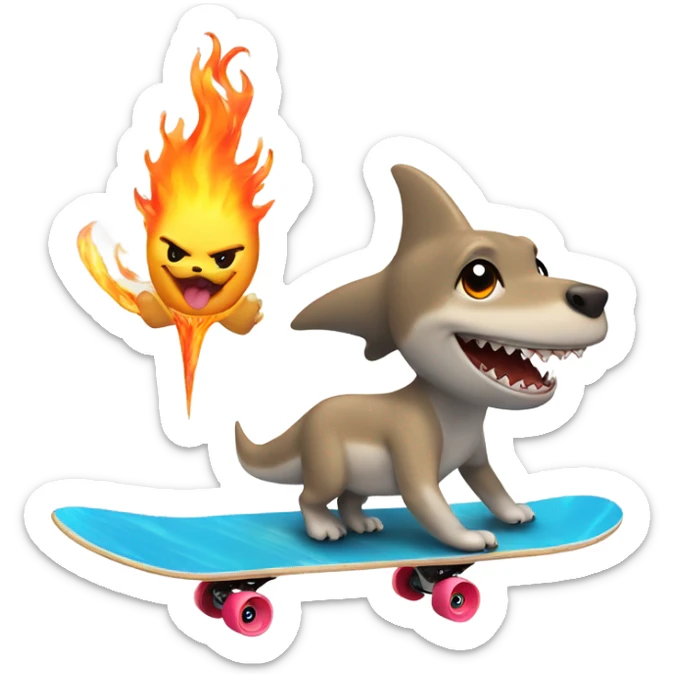 Shark skateboarding with a flaming wand in hand and a puppy in the other sticker