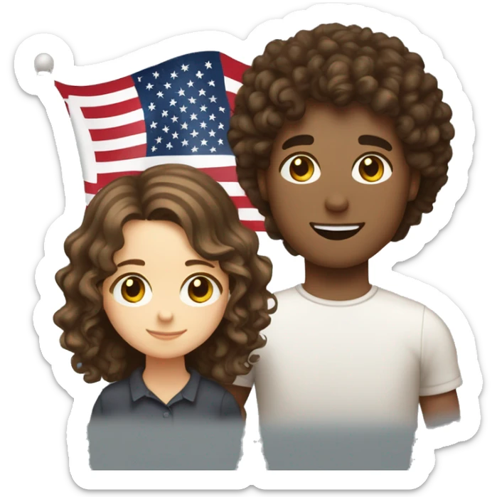 couple of white browned eyed and brown haired girl and white brown eyed and browned curly haired guy who holds american and polish flag  sticker