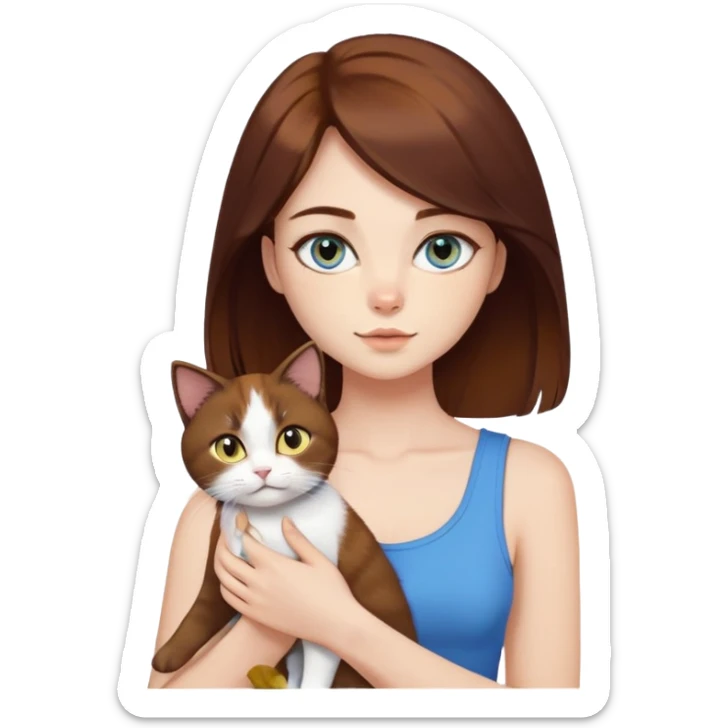 orta boy koyu kumral saçlı hafif çekik kahverengi gözlü güzel yüzlü güzel bir kız kucagında sarı beyaz hafif de siyah karışık tüylü bir gözü mavi bir gözü kahverengi güzel yüzlü bir kedi kızın üzernde crop var sticker