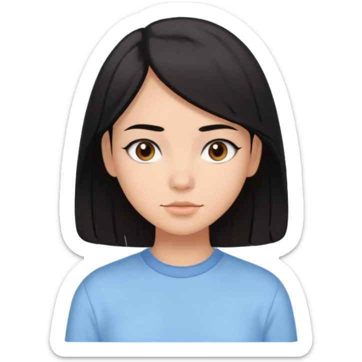 Emoji of a girl with black-brown long bob hair, fair tan skin, brown eyes, soft black eyebrows, pastel blue shirt, clean girl aesthetic, white background  sticker