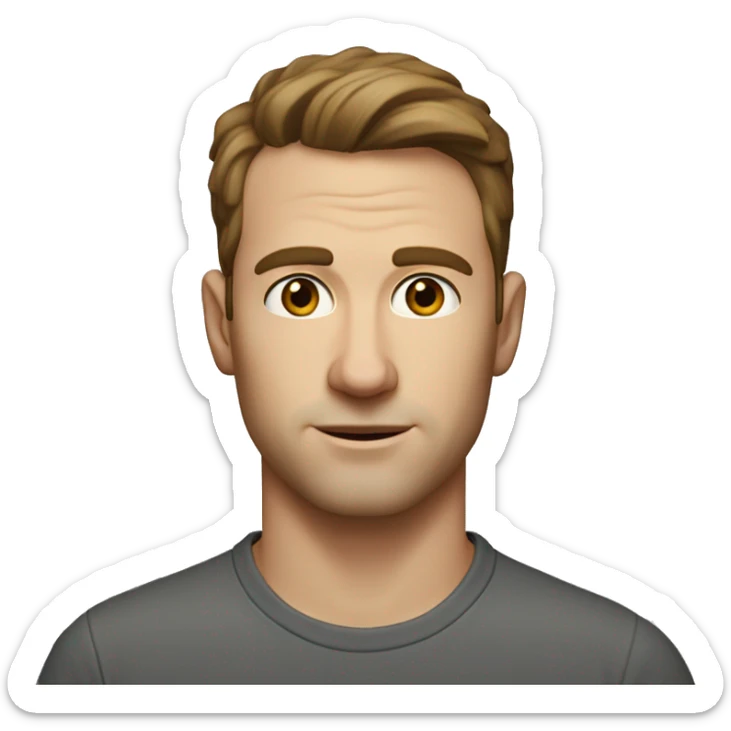 A head and shoulders shot of a 32 year old white man, with short brown hair,   with brown eyes wearing a t-shirt. sticker