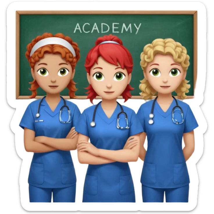 3 nurses: nurse 1 is wearing green work clothes, curly hair, middle european. nurse 2 is wearing blue work clothes, blond straight hair, scandinavic, nurse 3 is wearing white work clothes, red hair put into a bun, slavic. they all stand in a classroom, "Academy" written in white on board sticker