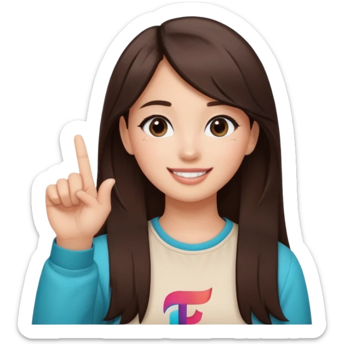 Girl with tiktok logo point up with one finger and dark brown hair sticker