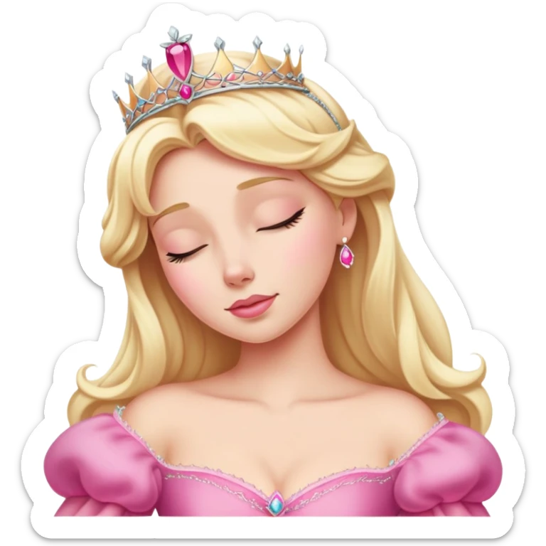 Aurora Sleeping Beauty from hips up, iconic pink gown, blonde hair with tiara, minimal style but very recognizable sticker