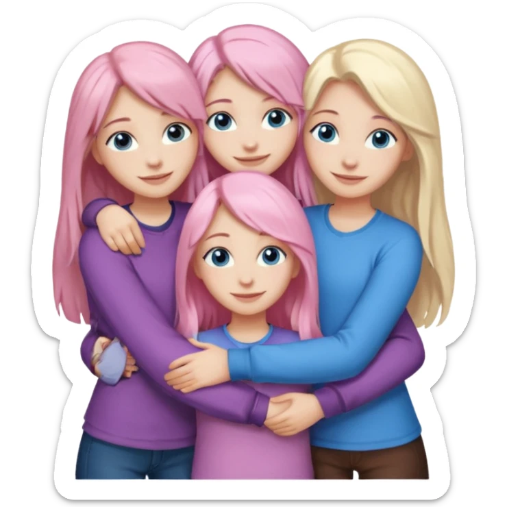 Girlfriend emoji - four white grips hugging and smiling    One girl with long light pink hair and blue eyes, one girl with blue eyes and light blonde hair, and 2 girls with brown eyes and long dark brown hair. sticker