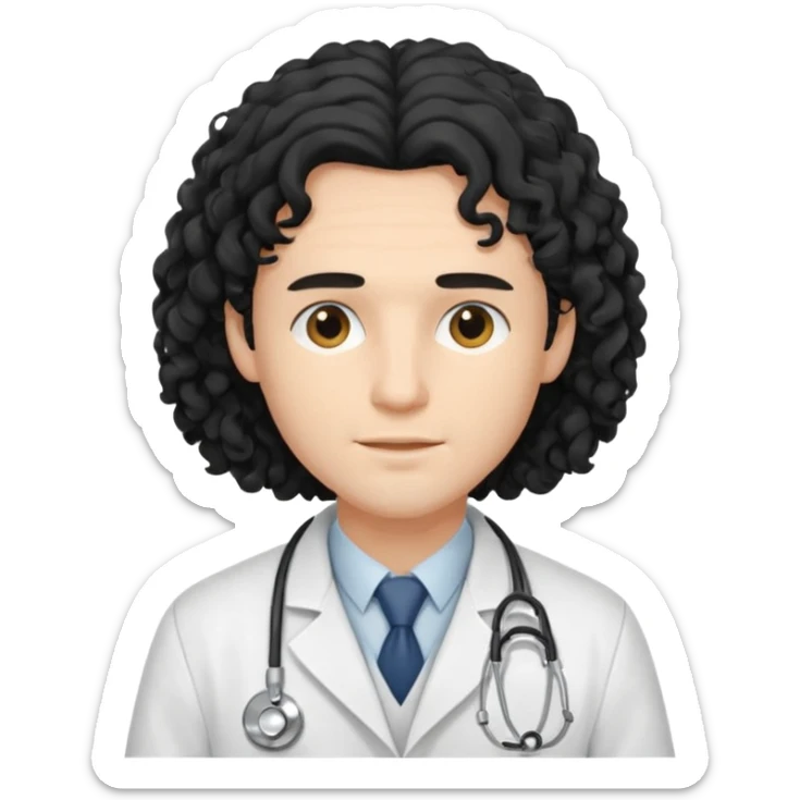 A young male slim doctor with long black curly hair hair which covered his forehead sticker