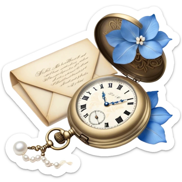 An elegant still life of a vintage pocket watch with an engraved case, lying next to a faded love letter sealed with a pearl wax stamp, surrounded by delicate white and blue floral petals.
 sticker