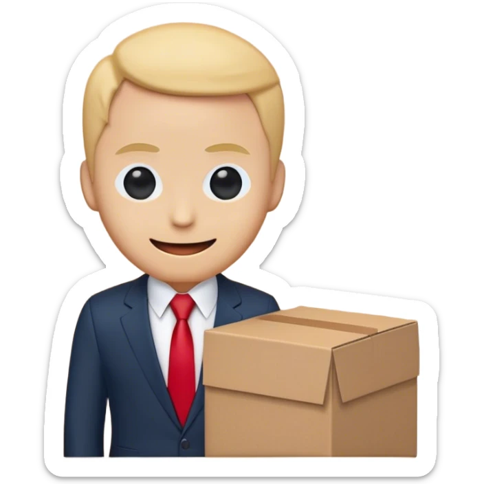 An emoji depicting a professional figure dressed in a sleek dark suit, crisp white shirt, and a red tie. The figure's head is humorously replaced by a cardboard box, featuring a minimalistic, friendly face with two circular eyes and a gentle, smiling mouth drawn in dark blue. The style is clean, flat, and simplified, suitable for clear visibility at small emoji scales. Designed for versatile use with a transparent background for easy integration into messaging platforms." sticker