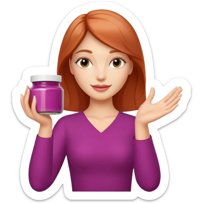 Una miniatura de una mano femenina, elegante y con manicura, sosteniendo un pequeño tarro de mantequilla corporal. La mano está en un gesto de 'OK' o 'fórmula perfecta'. Utilizar los colores principales de Riqueza Artesana: magenta y terracota. Iluminación profesional y clara. sticker