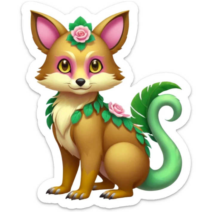 Colorful brown with rose pink, yellow-beige-cream, jade-green tropical exotic shiny beautiful fantasy-Vernid-Cacomistle-animal-Fakémon-hybrid-fursona (full body) sticker