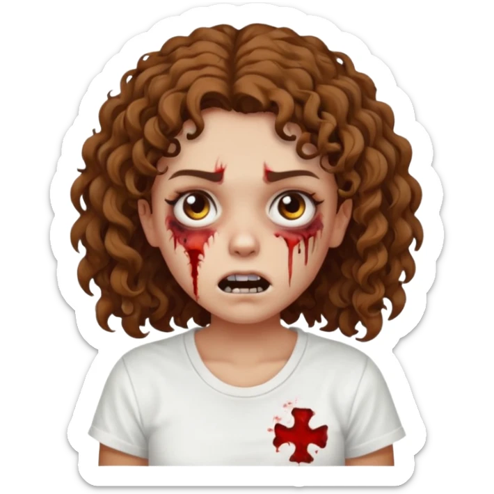 Zombie girl with curly brown hair como emoji de iphone y con la boca un poco lastimada haz que tenga una simple remera blanca puesta sticker