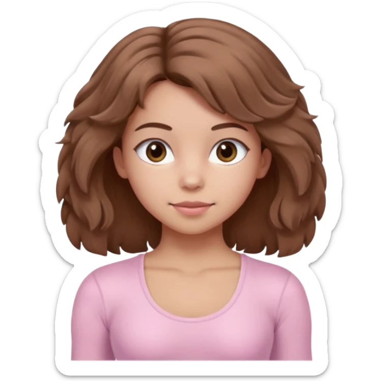 brown hair girl wearing light pink pilates clothes, fluffy medium hair and brown eyes sticker