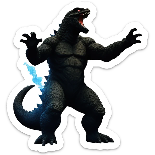 “Silhouette of Godzilla shooting his atomic breath upward, with detailed spikes and a dynamic pose sticker