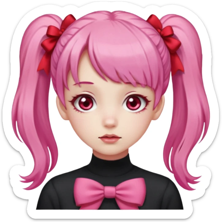 Faz uma garota de pele clara Seus olhos são grandes e rosa-avermelhados, sempre brilhantes e emotivos. O cabelo é rosa claro, preso em dois rabos de cavalo laterais com laços vermelhos, e sua franja é cheia, caindo sobre a testa de forma suave. sticker