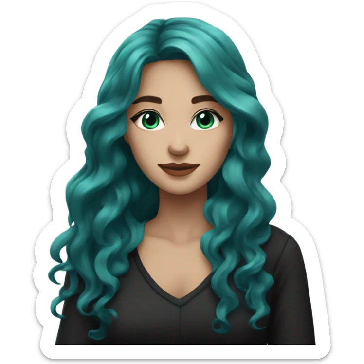a fair skinned girl with dark turquoise long wavy hair, light turquoise eyes and black clothes sticker