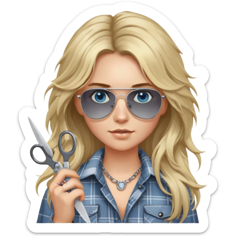 girl with long blond messy hair wearing grey plaid shirt with blue eyes and aviator sunglasses wearing a ring on her silver necklace, holding scissors sticker