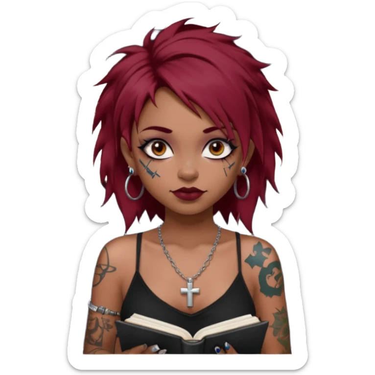 generate an ios genmoji of a girl with dark red messy hair with eyeliner on her eyes.  septum piercing, wearing a cami black top, has tattoos, on shoulders. ear piercings. wearing a cross silver necklace. Holding an overfilled sketchbook. dusky skin color. Holding redbull in the other hand sticker
