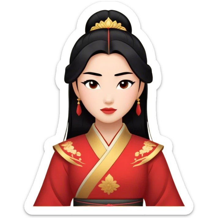 Cinematic Majestic Mulan Portrait Emoji, rendered in a clean, vector-style with bold, simplified shapes. Depict Mulan with a serene, noble expression, warm light skin, and neatly styled black hair, dressed in traditional attire featuring subtle red motifs and gold trim. The image glows with a calm, majestic aura, high shine, and a soft glowing outline, embodying classic elegance. sticker