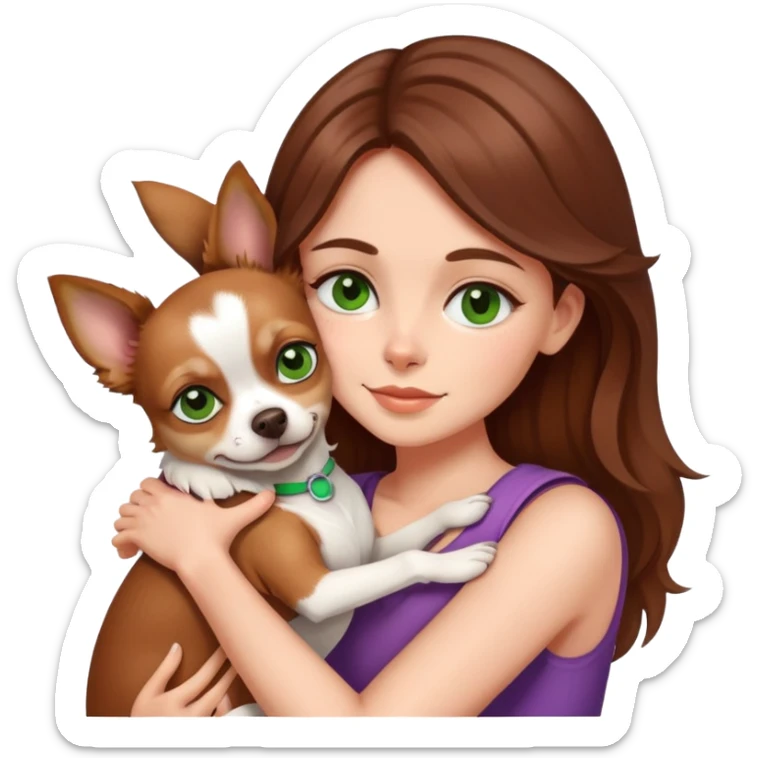 girl with brown hair and green eyes hugs chihuahua dog sticker