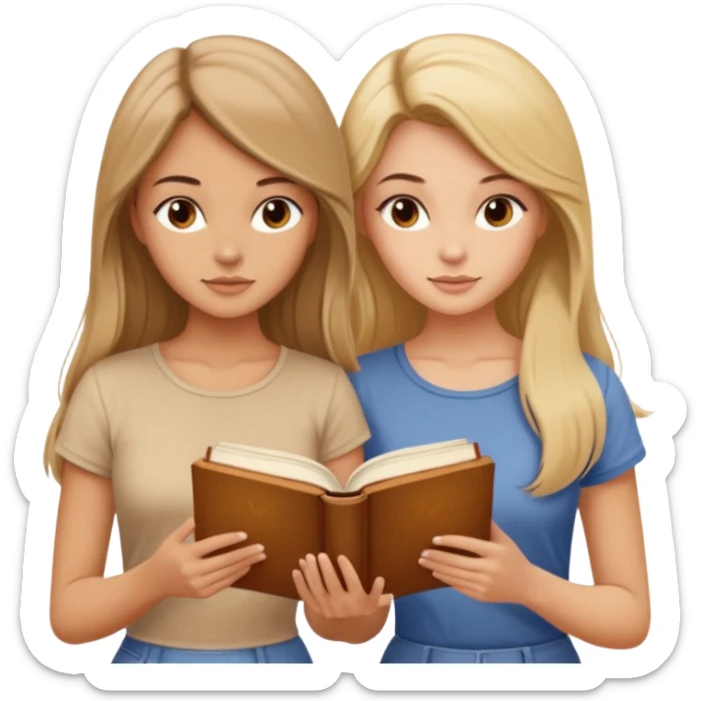 two beautiful girls in beige tops reading a beautiful vintage book. one is brown-haired, the other is blonde. both have long hair with sticker
