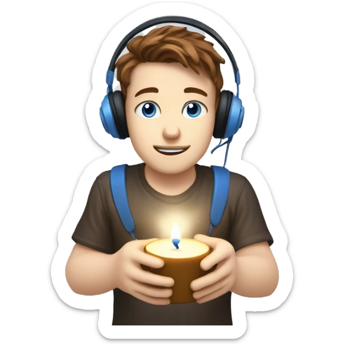 white boy with brown hair, blue eyes, with gamer headset, lightning a candle sticker
