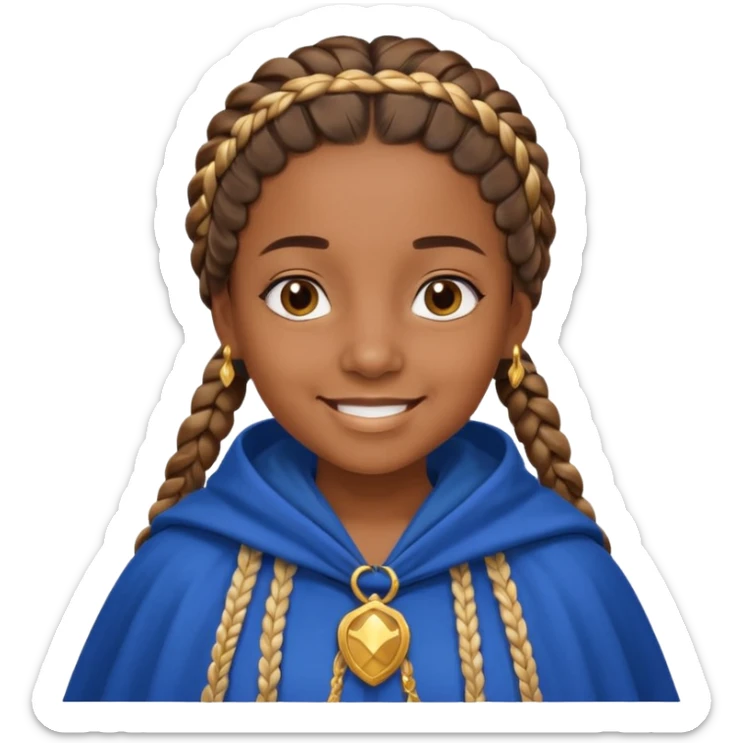 brown skin girl with braided hair, wearing blue cloak, smile sticker