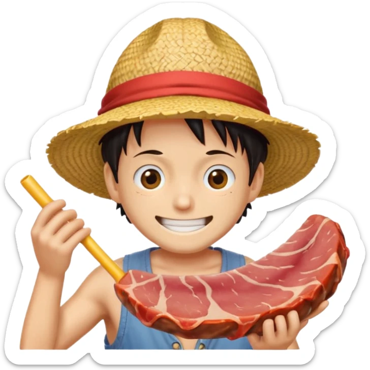 An emoji of luffy in a straw hat in one piece eating meat and laughing.  sticker