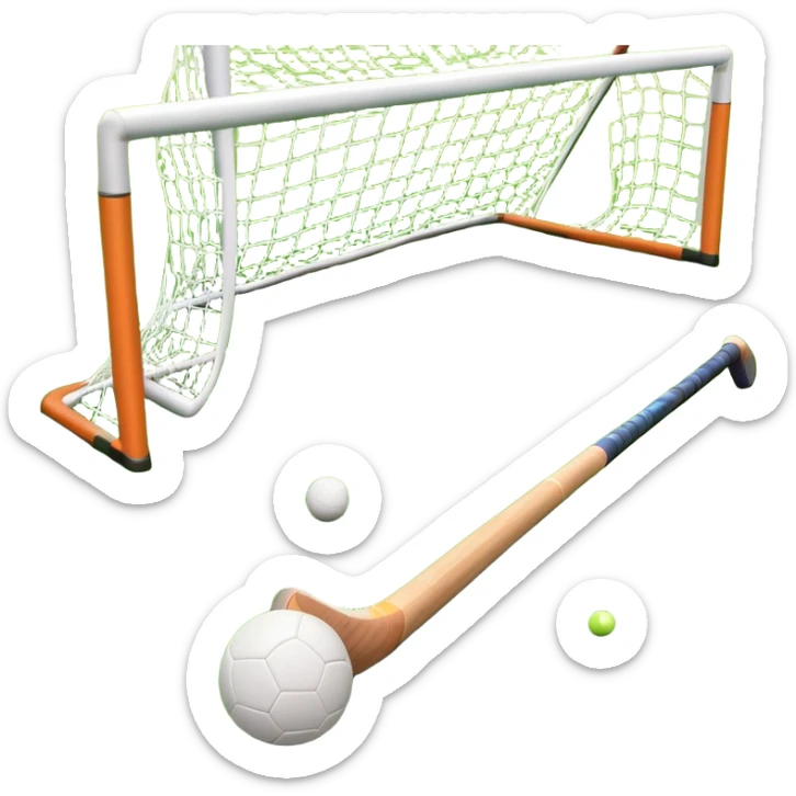 A field hockey stick and ball resting on a well-maintained green grass field, with the goalposts and markings visible in the background. The scene highlights the precision and focus of the sport, with the vibrant green pitch creating a dynamic atmosphere. sticker