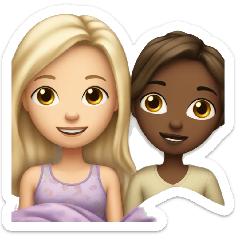 Blonde girl and brunette girl in bed at sleepover sticker
