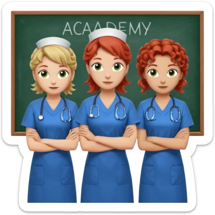 3 nurses: nurse 1 is wearing green work clothes, curly hair, middle european. nurse 2 is wearing blue work clothes, blond straight hair, scandinavic, nurse 3 is wearing white work clothes, red hair put into a bun, slavic. they all stand in a classroom, "Academy" written in white on board sticker