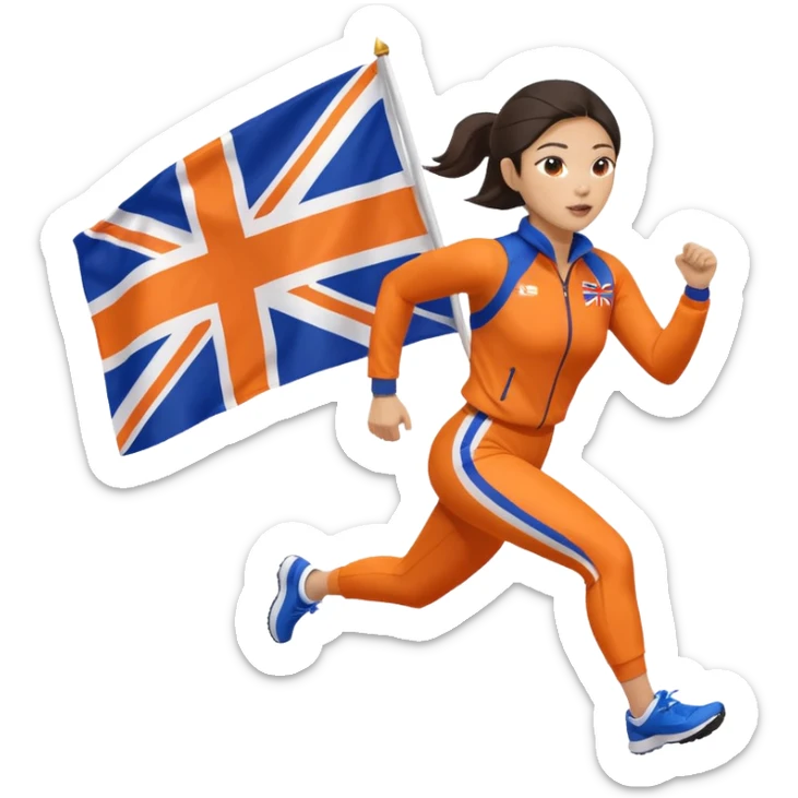 asian woman in orange sport suit and holding uk flag on the back, running sticker