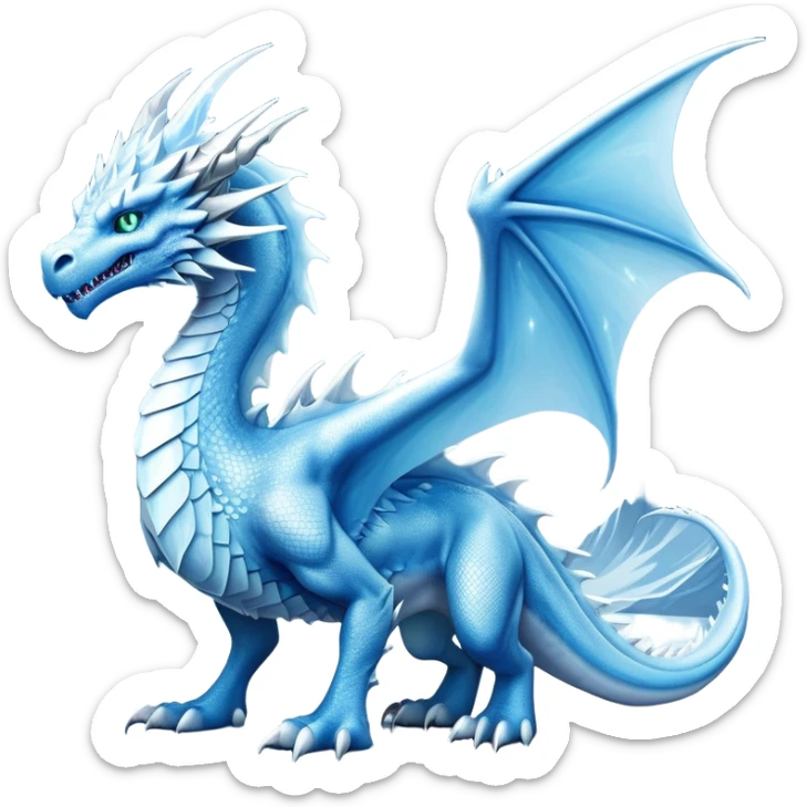 Cinematic Noble Fierce Ice Dragon full body Emoji, Poised and imposing, distinct long elegant snout, with a slender, scaled body shimmering in glacial hues of icy blue, frostbitten silver, and crystalline white, breathing out frost, with piercing, glowing eyes that radiate the chilling depths of an arctic storm; rendered in detail. displaying its wings sticker