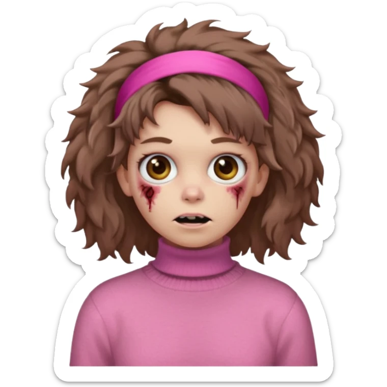 brown fluffy haired zombie with pink turtleneck sweater and hair band sticker