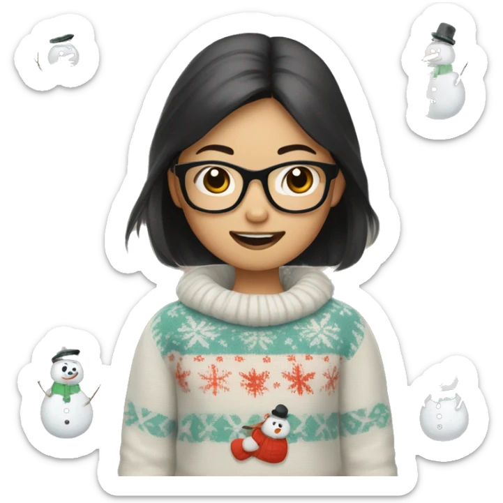 asian girl with glasses and snowman sweater shaking cowbell sticker