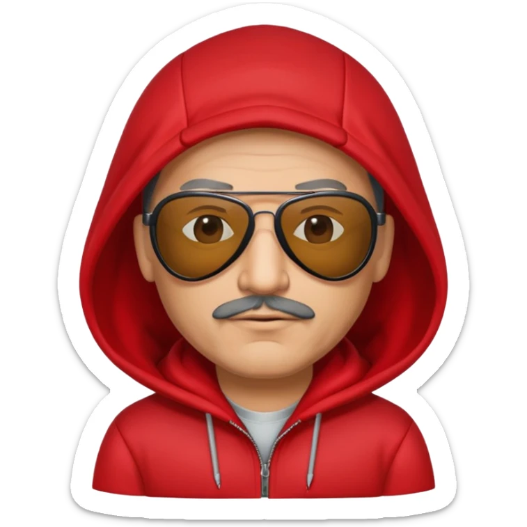 50-year-old man with slight stubble on upper lip, black aviator sunglasses, wearing a red hoodie with hood up sticker