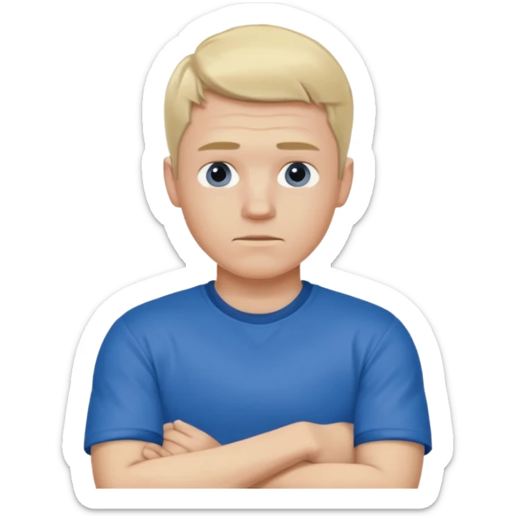 Pale blond man in blue football t shirt crossed arms trembling from cold sticker