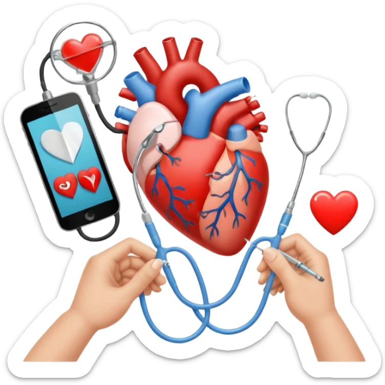 hands making a loveheart with background of stethescope, heel lancet, baby blood tubes, monitoring cables, baby bottle, cute scrapbooking paper,  sticker