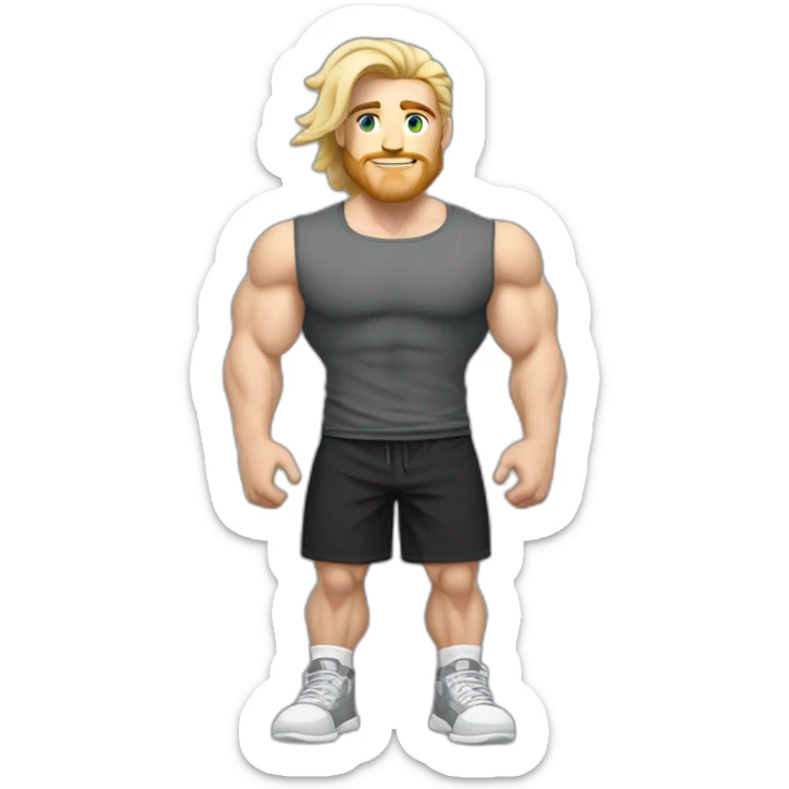 Full height Pale skinned fit man With Wide jaw, biceps and blonde hair In dark gray sleeveless mike, black oversize sports shorts, watch and white sneakers. his arms crossed over his chest sticker