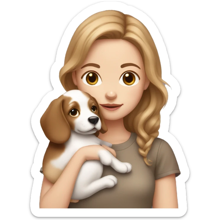 White girl with light brown hair holding a doodle puppy sticker