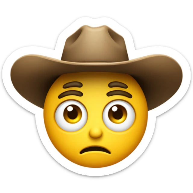 Yellow circle emoji wide eyed with a concerned look on its face wearing a cowboy hat sticker