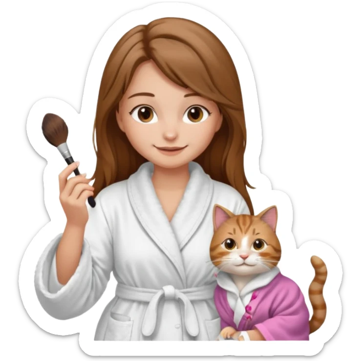 A image of a girl with light long brown hair wearing a bathrobe doing her makeup with her chubby grey tabby cat. She is smiling sticker