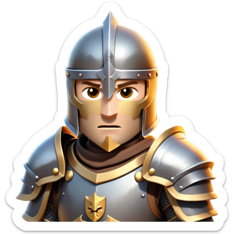 clash-of-clans-aesthetic_-cinematic-fearsome-and-majestic-knight-bust-portrait-emoji, rendered in a flat, vector-style with minimal shading and bold, simplified shapes, depicting a battle-ready medieval knight with steely eyes and intricate armor, riding on a black warhorse looking regal reflecting sunlight over a misty battlefield. sticker