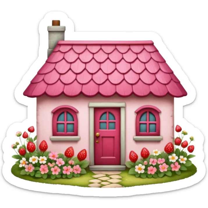 Cottagecore whimsical cute, vintage vibe, small pink roof cottage with a garden full of different colored wild flowers and realistic red strawberries, with a vintage antique door. Still life design. sticker