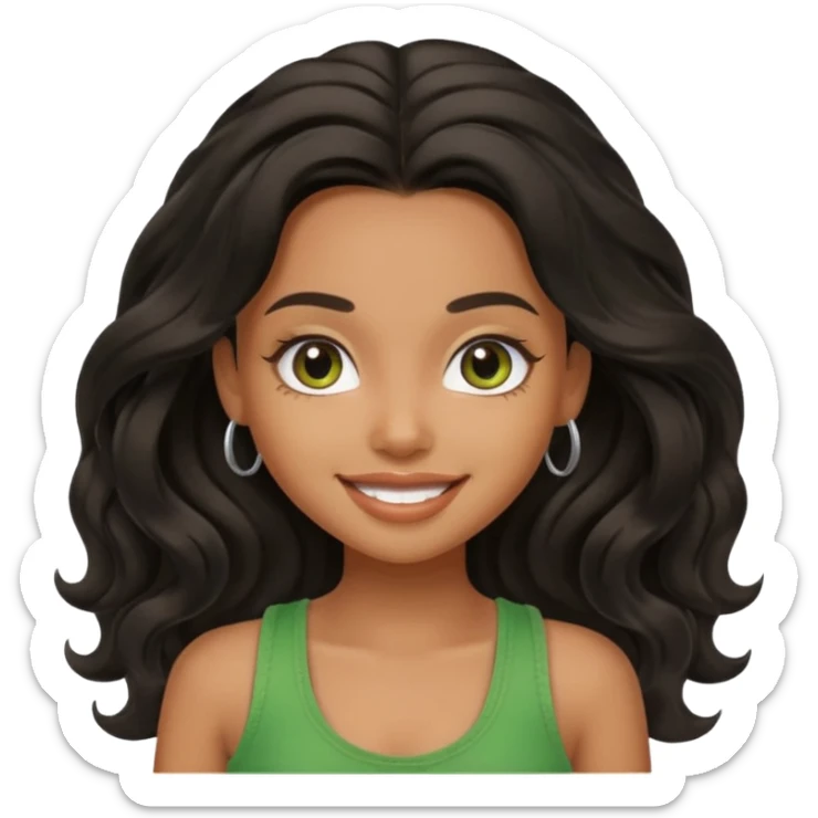 a pretty bratz brown girl with long wavy black color hair, brown eyes and green tank who is smiling sticker