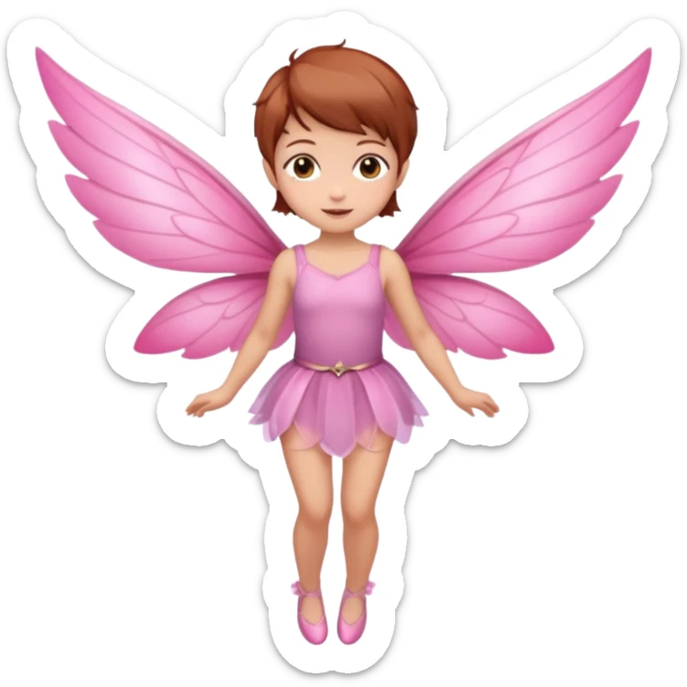 fairy with brown eyes pixie haircut chestnut color with pink wings full length in flight sticker