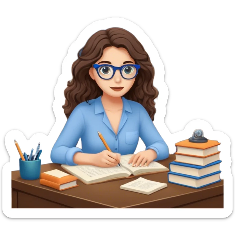 A thin pretty woman with long lashes and beautiful brown eyes also with beaches waves in her brown hair while working as a writer and while writing her new novel with full of ideas in her library room in her own house about to be night while working with her nerdy blue light glasses  sticker